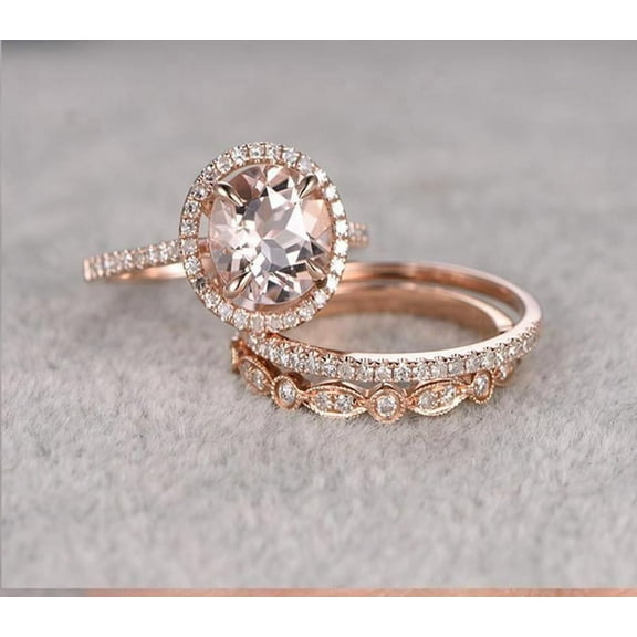 Sale 2.75 Carat 6mm Round Cut Morganite Ring Set in 10k Rose Gold with One Engagement Ring and 2 Wedding Bands