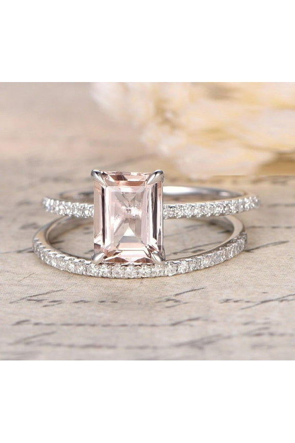 Sale 2 Carat Peach Pink Morganite 7X5mm Emerald Cut And Diamond Moissanite Engagement Ring Wedding Bridal Set In 10K White Gold