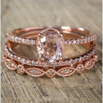 Sale 2 carat Antique Milgrain Oval Shape Morganite & Diamond Trio Ring Set in 10k Rose Gold with One Halo Engagement Ring 2 Wedding Bands