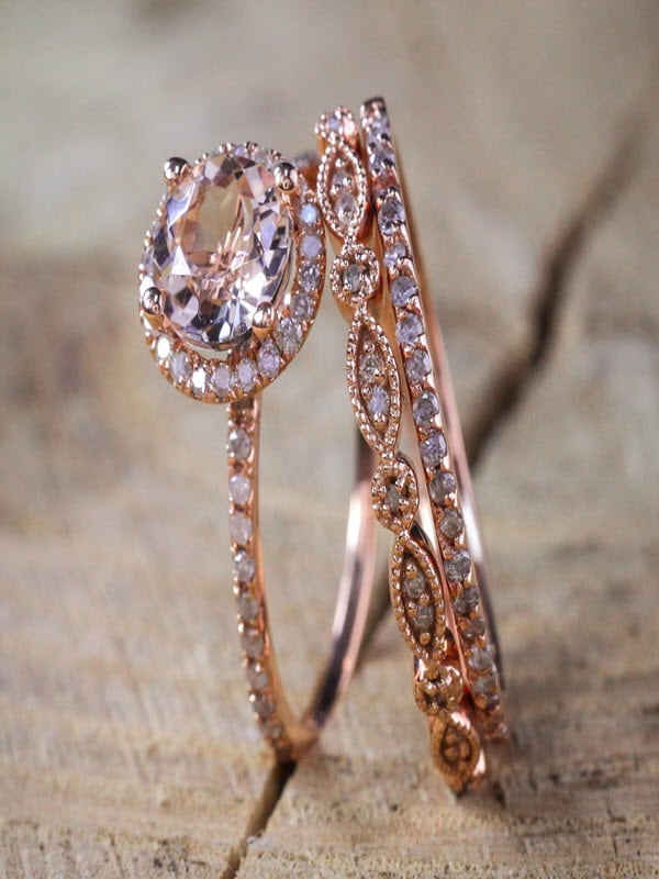 7mm Round Cut Pink Morganite 14k Rose Gold Halo Engagement Ring Diamond  Marquise Wedding Band Size 4-9 | Amazon.com