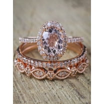 Sale 2 carat Antique Milgrain Round Morganite and Diamond Trio Ring Set in 10k Rose Gold with One Halo Engagement Ring and 2 Wedding Bands