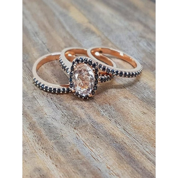 Sale 2 carat Morganite & Black Diamond Trio Wedding Ring Bridal Ring Set in 10k Rose Gold, One Engagement Ring & 2 Wedding Bands