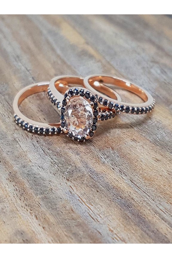 Sale 2 carat Morganite and Black Diamond Trio Wedding Ring Bridal Ring Set in 10k Rose Gold with One Engagement Ring and 2 Wedding Bands