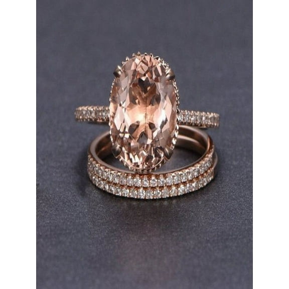 Sale 2 carat Morganite and Diamond Trio Ring Set in 10k Rose Gold with One Engagement Ring and 2 Wedding Bands