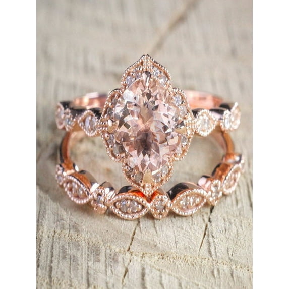 Sale 2 carat Round Cut Morganite and Diamond Halo Bridal Wedding Ring Set in Rose Gold: Bestselling Design Under Dollar 600