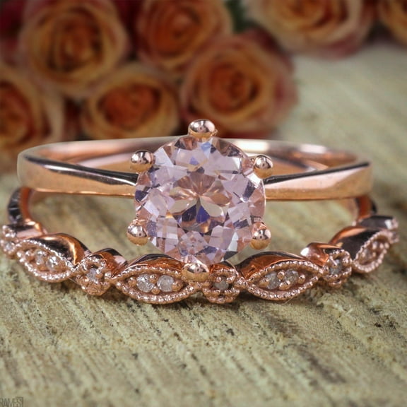 Sale Antique 1.5 Carat 6mm Round Cut Morganite and Diamond Moissanite Bridal Wedding Ring Set with 18k Gold Plating