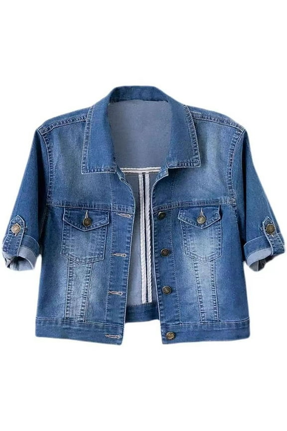 Sale Clearance 2024 Women's Denim Jackets Women's 3/4 Sleeve Colored Cropped Denim Jacket Light Wash Short Jean Jacket Trucker Coat