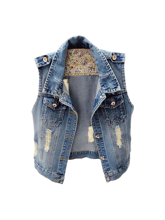 Sale Clearance 2024 Women's Denim Jackets Womens Denim Jean Vest Classic Junior Button Up Cropped Distressed Sleeveless Jean Jacket
