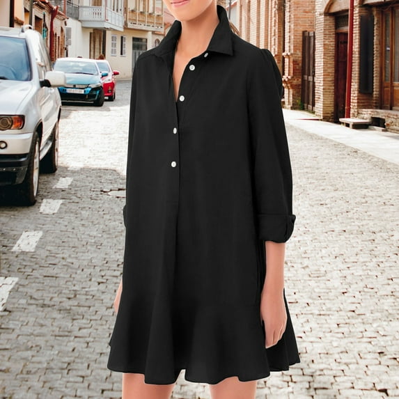Sale Clothing 2025 Women's Tunic Mini Shirt Dress Cotton Long Sleeve Ruffle Hem Dress Button Up Shift Chambray Dresses