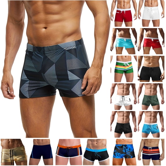 on Sale Clearance 2025 QATAINLAV Swimwear Men's Swimsuits Fashion Color Block Boxer Briefs Summer Square Cut Bathing Suits Quick Dry Drawstring Beach Shorts Black XL