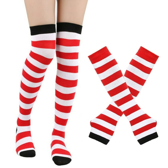 Sale 2025 UHGANN Under $5 Womens Christmas Socks Striped Knee High Socks Arm Warmer Fingerless Gloves Set