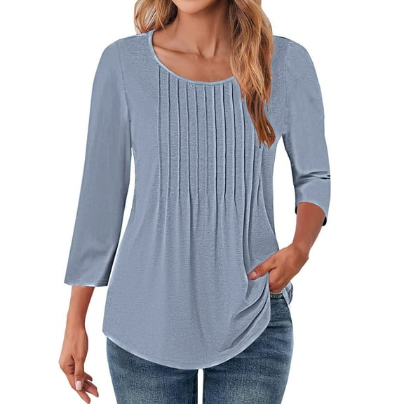 Clothing Basic Tee Tops 2025 3/4 Length Sleeve Womens Tops Crewneck Summer Blouses Pleated Front Tunic Tops Tee Shirt Floral Print Clothes Trendy Tunic Blouses