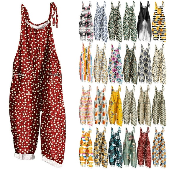 on Sale Clearance, JURANMO Cotton Linen Jumpsuits for Women Summer Beach Outfits Sleeveless Adjustable Straps Boho Print Rompers Baggy Wide Leg Onesie Pants with Pockets Multicolor XL