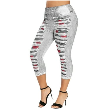 Sale Clearance Women's Imitation Denim Printed Capris Leggings High Waisted Elastic Pencil Sports Yoga Pants Plus Size