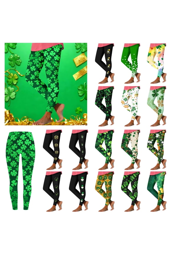 St. Patrick's Day Leggings for Women Shamrock Leaves Tight Holiday Tummy Control Clover Leaves Yoga Pants Black XXXL