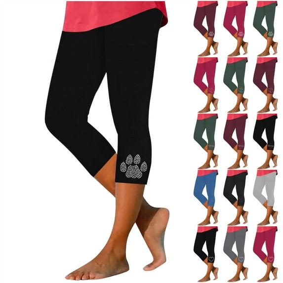 Sale of The Day Prime Today! lcziwo Capri Leggings for Women Elastic High Waisted Yoga Cropped Pants Rhinestone Trim Legging Capris Comfy Athletic Workout Tights Wine XL
