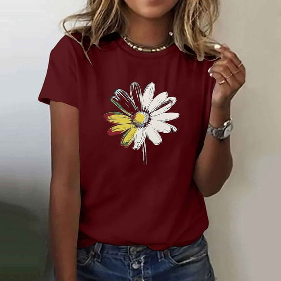 Sale Items Groceries T Shirts for Women Short Sleeve Summer Tops Floral Graphic Tees Casual Tunic Cute T-Shirt Loose Fit Crew Neck Blouses Plus Size Basic Shirts Women Saved for Later
