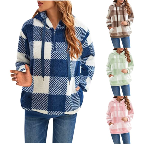 Sale Plus Size Women's Fashion Casual Colorful Pullover Round Neck Hooded Plaid Long Sleeve Plush Top Blue qILAKOG Size XXXXL