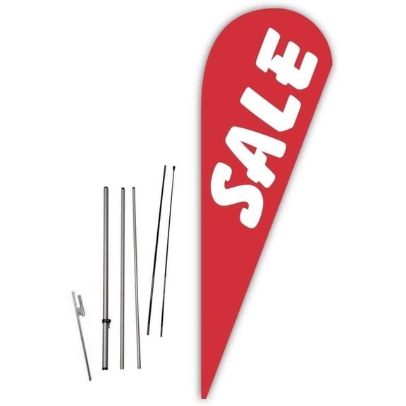 Sale (Red) Teardrop Feather Flag - Complete with 14ft Pole Set and Ground Spike