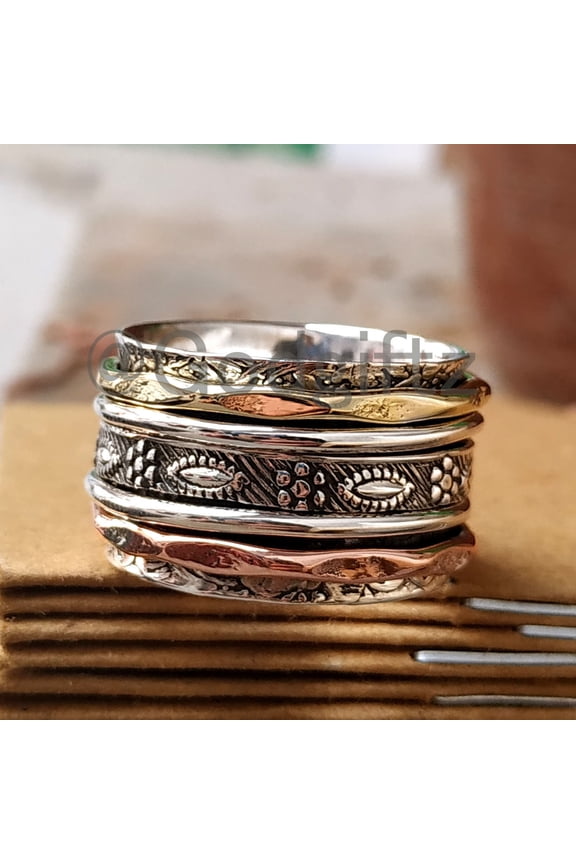 Sale Spinner Ring - Designer Ring - Meditation Ring - Anxiety Ring - Fidget Ring - Bohemian Ring - Three Tone Ring - Spinner Spin Ring