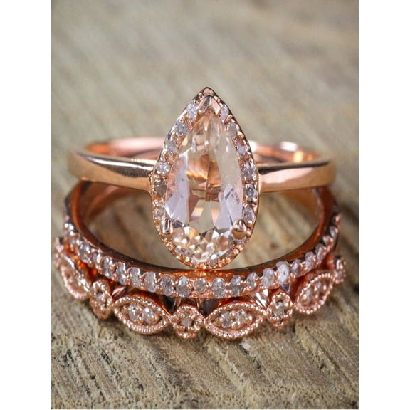 Sale on 2.25 carat Pear shape Morganite and Diamond Halo Trio Bridal Wedding Ring Set Antique Vintage Design Milgrain in Rose Gold for Women