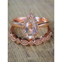 Sale on 2 carat Pear shape Morganite and Diamond Halo Bridal Wedding Ring Set Antique Vintage Design Milgrain in Rose Gold for Women