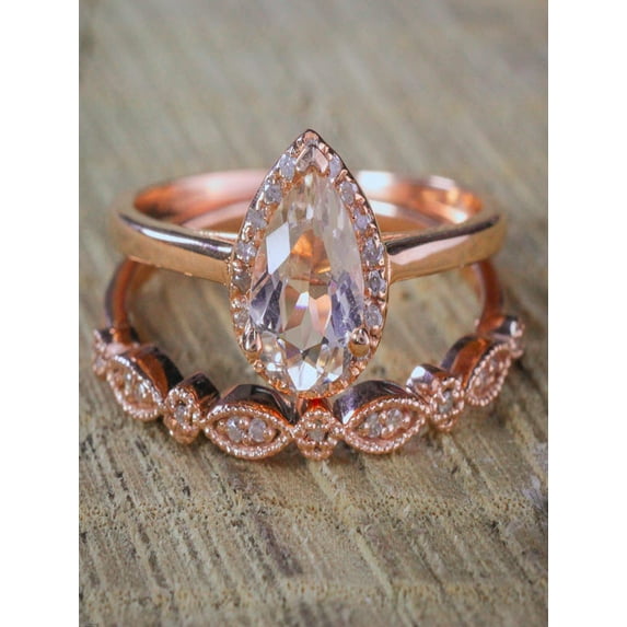 Sale on 2 carat Pear shape Morganite and Diamond Halo Bridal Wedding Ring Set Antique Vintage Design Milgrain in Rose Gold for Women