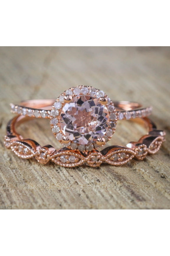Sale on Antique Vintage Design Milgrain 2 carat Round Morganite and Diamond Halo Bridal Wedding Ring Set in Rose Gold for Women