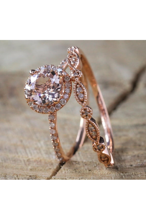 Sale on Antique Vintage Design Milgrain 2 carat Round Morganite and Diamond Halo Bridal Wedding Ring Set in 10k Rose Gold for Women