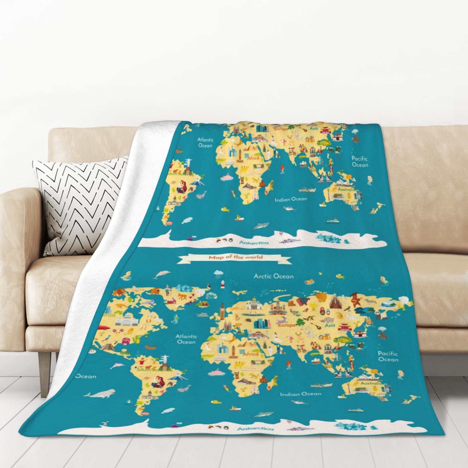 Salelf World Map With Landmarks Flannel Throw Blanket All Season No