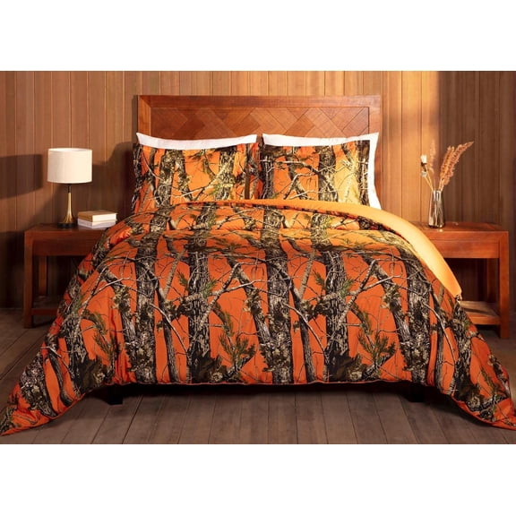 Salem 2- Cabin Lodge Forest Woods Comforter Set - Nature Camo Tree Leaves Printed Soft Microfiber Bedding - Orange,