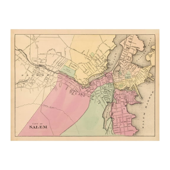 Salem Art, 1871 Vintage Map of Salem Massachusetts, MA History Wall Decor Gift, Old Salem Map - 24" x 18" Unframed Print