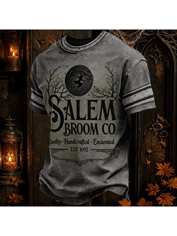 Salem Broom Company Printed T-Shirt Vintage Halloween Witch Shirt for Men