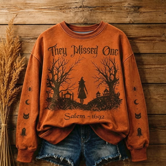 Salem Broom Company Sweatshirt for Women Halloween Salem 1692 Spooky Season Sweatshirt Crew Neck Vintage Scary Holiday Pullover Gold XXL