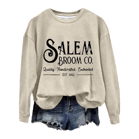 Salem Broom Sweatshirt for Women, Funny Fall Halloween Sweatshirts, Salem Broom Graphic Pullover Long Sleeve Vintage Shirts Fall Outfits Daily Wear Holiday Loungewear, Beige S