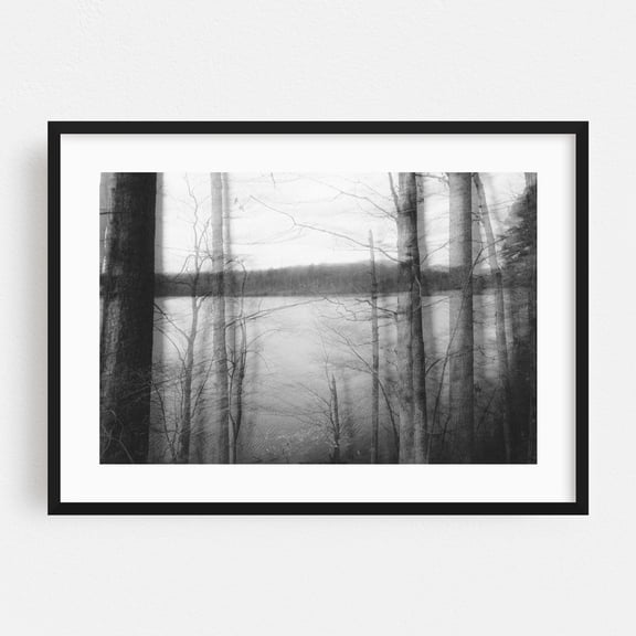 Salem Lake - Winston-Salem North Carolina Photography Black and White Forest Lake Nature Woodland Scenic Moody Black Framed Wall Art Print 5 x 7 inches