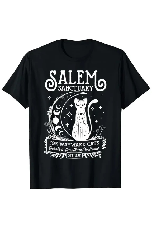 Salem Sanctuary Cat Lover Tee Whimsical Celestial Design Cotton T Shirt for Cat Enthusiasts Comfortable Black Short Sleeve Top for Casual Wear (S XXL), Relaxed Clothing