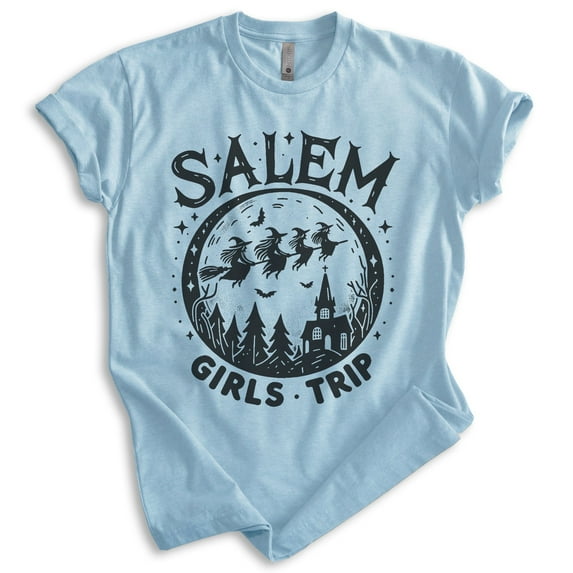 Salem Witch Girl's Trip T-shirt, Unisex Women's Men's Shirt, Halloween Spooky Season Novelty Gift, Heather Light Blue, Medium