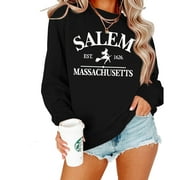 Salem Witch Print Sweatshirt, Casual Long Sleeve Crew Neck Sweatshirt, Women's Clothing