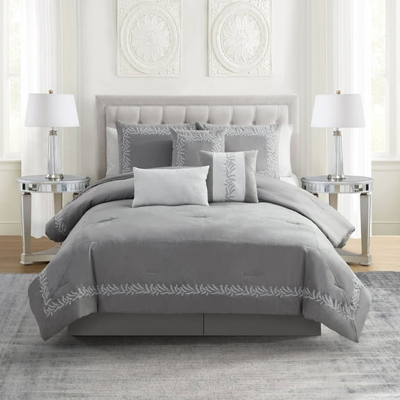Salerno 7 Piece Faux Suede Embroidered Comforter Set, Grey - Queen
