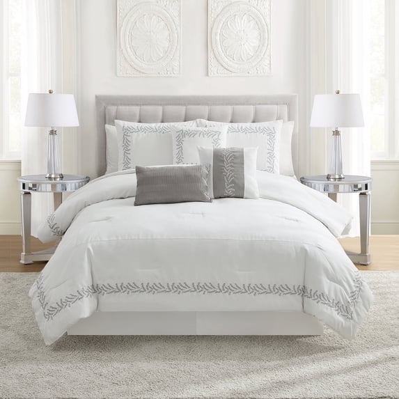 Salerno 7 Piece Faux Suede Embroidered Comforter Set, White - Queen
