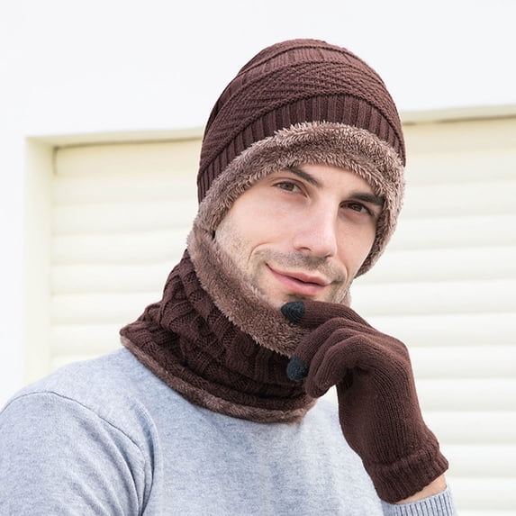 Sales 2026 Under $5 Coffee Winter Warm Hat and Gloves for Men Women GIJNRIUIUA Knitted Windproof Fleece Men's Winter Hat Winter Men's Gloves Scarf Hat Three- Warm Hat Knitted Hats