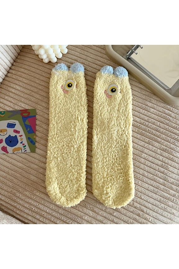Sales 2026 Fuzzy Cuffs Socks Under $2 GIJNRIUIUA Yellow Crew Socks Winter 1 Pair Fuzzy Socks Ear Design Tube Socks Cute Animal Socks Fluffy Soft Winter Warm Socks Christmas Easter Giftsfor Women