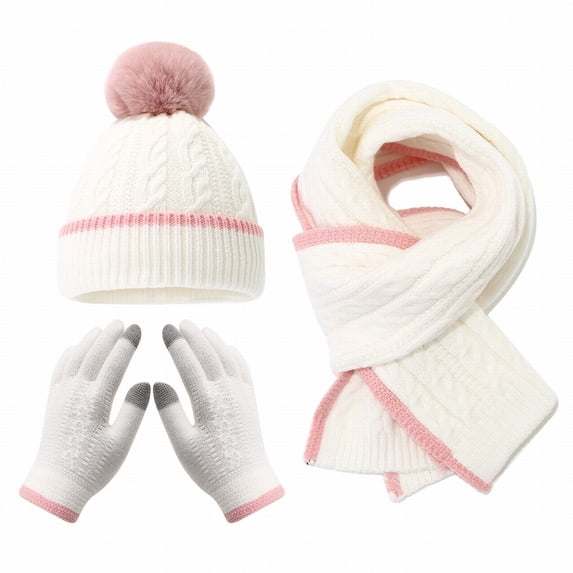 Sales 2026 Winter Beanie Hat Scarf Gloves Set GIJNRIUIUA Under $15 3 Pcs Kids Winter Hat Gloves Scarf Set Girls Boys Beanie with Pompom Fleece Lined Mittens Neck Warmer White