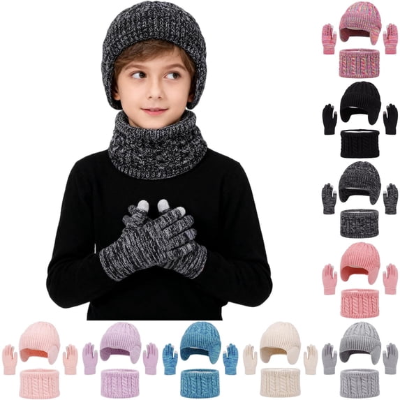 Sales 2026 Winter Beanie Hat Scarf Gloves Set GIJNRIUIUA Under $9 3 Pcs Kids Winter Hat Gloves Scarf Set Toddler Knitted Beanie Hat Neck Warmer Mittens Fleece Lined Set for Boys and Girls Gray