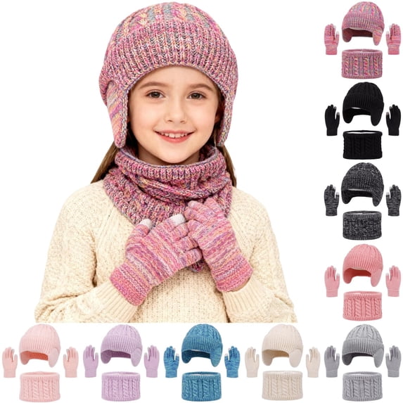 Sales 2026 Women Beanie Scarf Gloves Headband Set GIJNRIUIUA Under $9 3 Pcs Kids Winter Hat Gloves Scarf Set Toddler Knitted Beanie Hat Neck Warmer Mittens Fleece Lined Set for Boys and Girls Pink
