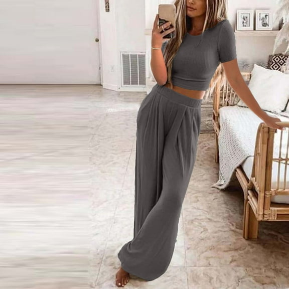 Turilly Clothes Sets for Women 2 Piece Women's Summer Short Sleeve Crewneck Tops Long Pants Comfortable Homewear Two-piece Set