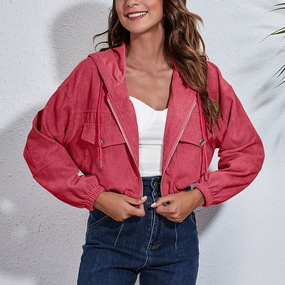 Turilly Women's Coats and Jackets Women's Winter Hooded Corduroy Jacket Loose Drop Shoulder Long Sleeve Short Jacket