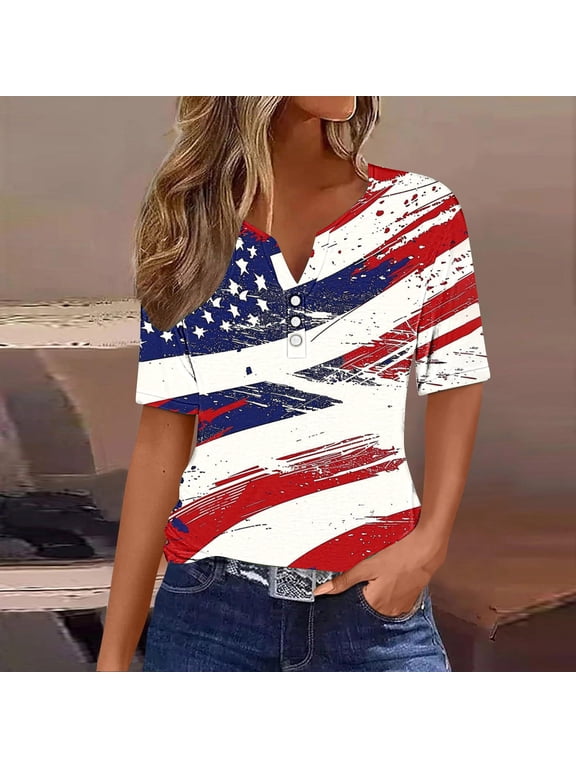 Or Patriotic Shirts for Women Short Sleeve 4Th of July Tops V Neck American Flag Shirt Star Striped Graphic Blouse Usa T Shirt Womens Clothing