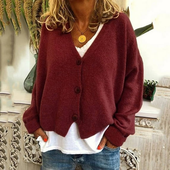 Turilly Lady Coats Winter Plus Size Jackets Women's Button Solid Knit Sweater Cardigan Long Sleeved Jacket
